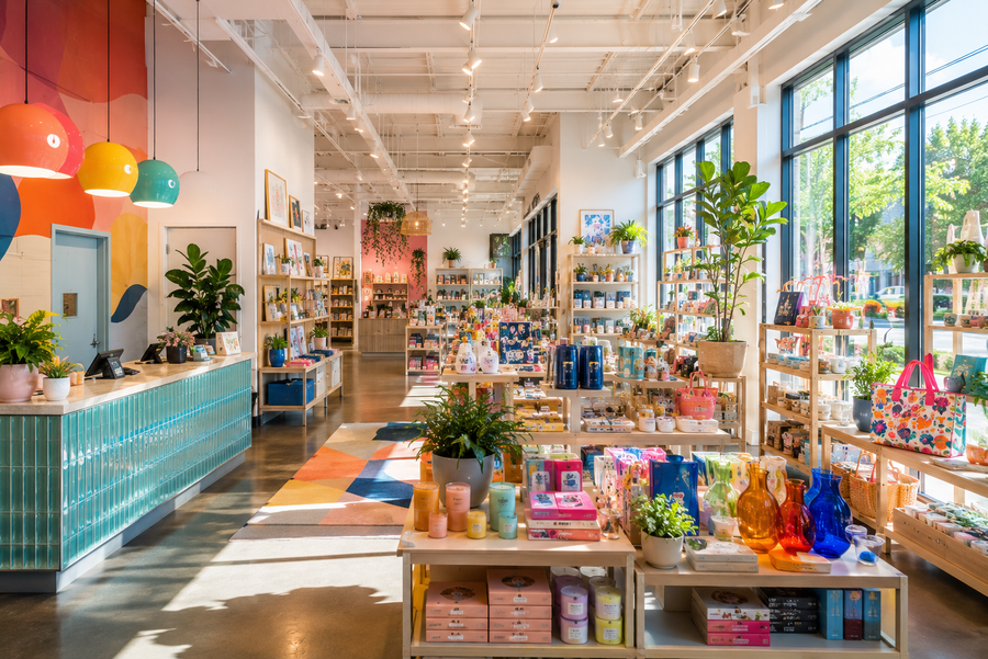 Interior of a store with colorful decor, plants, and shelves.