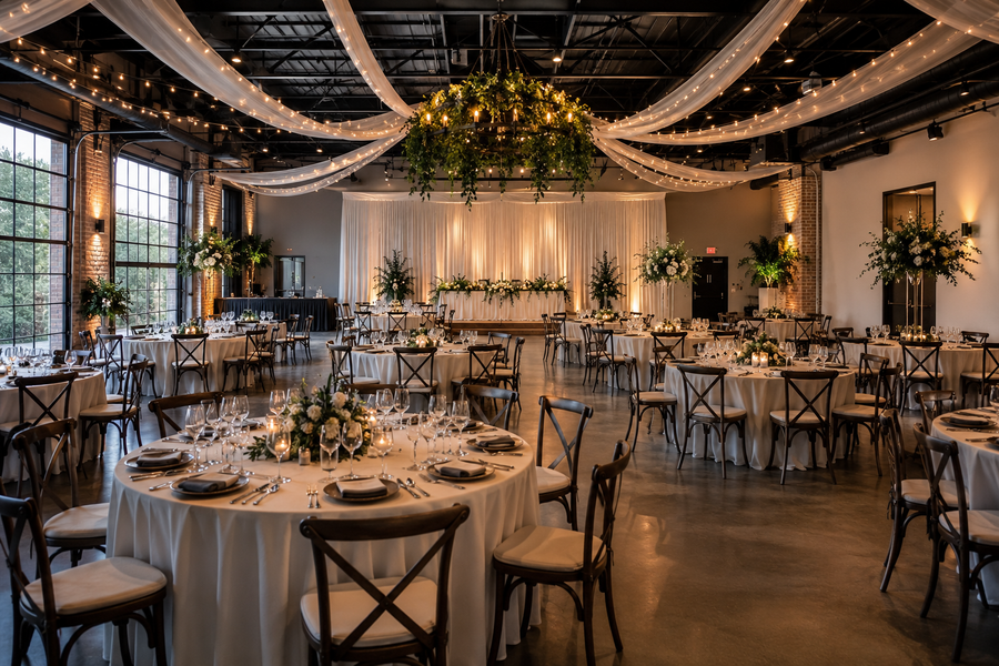 Large event space with tables set for a gathering, decorated with lights and plants.