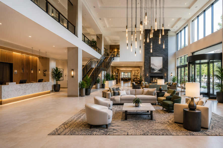 Indoor drone walkthrough for hotel and hospitality marketing