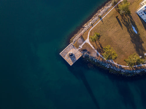 Overhead view of the Newport Harbor Lighthouse on Goat Island in Newport